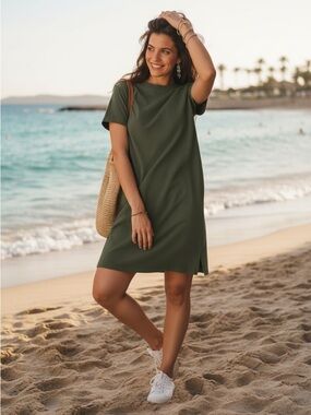 Uniqlo Olive Green T-Shirt Dress Casual Summer Cotton Minimal
